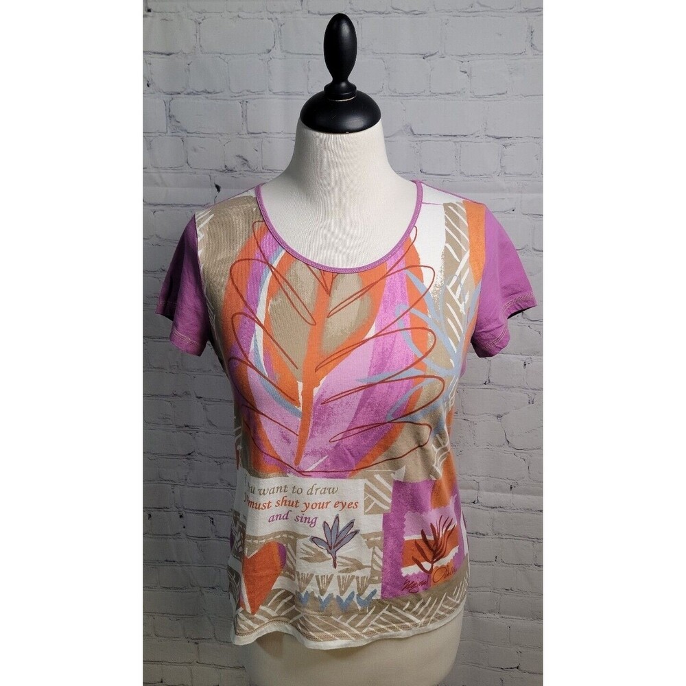 Sigrid Olsen Women's Graphic Design Floral Short Sleeve Top Med Purple Artsy Y2K